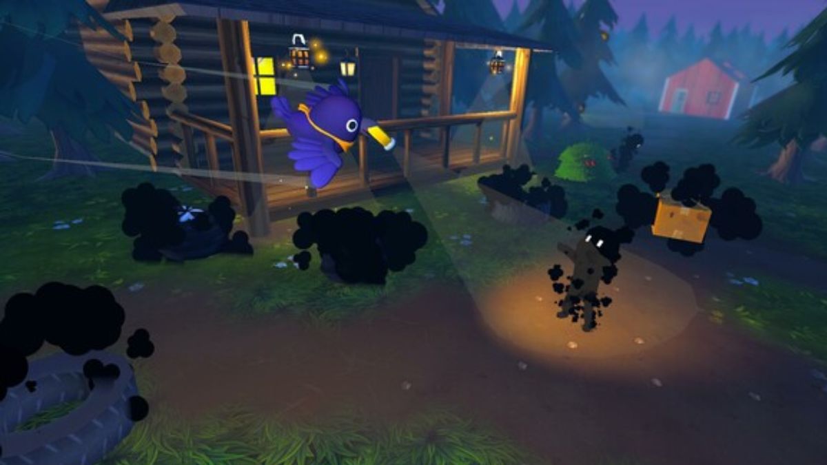 Gameplay-Screenshot aus dem Spiel Just Crow Things, der eine Krähe mit einer Taschenlampe zeigt