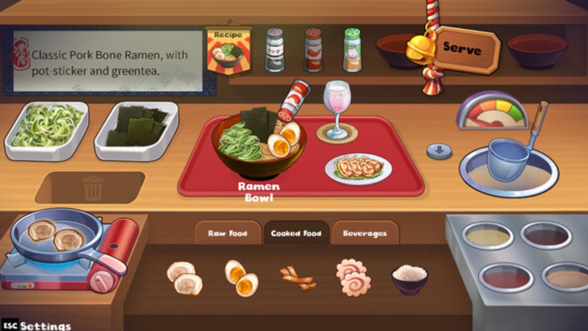 Screenshot des Ramen-Zubereitungs-Gameplays in Midnight Ramen