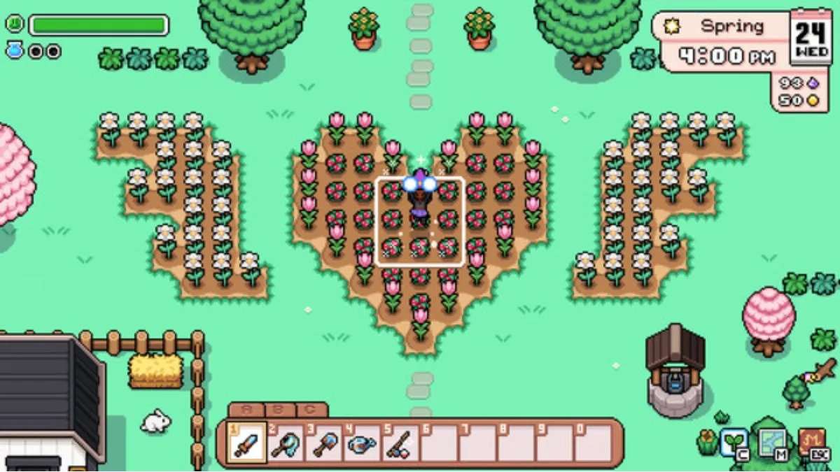 Screenshot aus dem Spiel Fields of Mistria, der einen Bauern zeigt, der mit Zauberei seine Ernte pflegt
