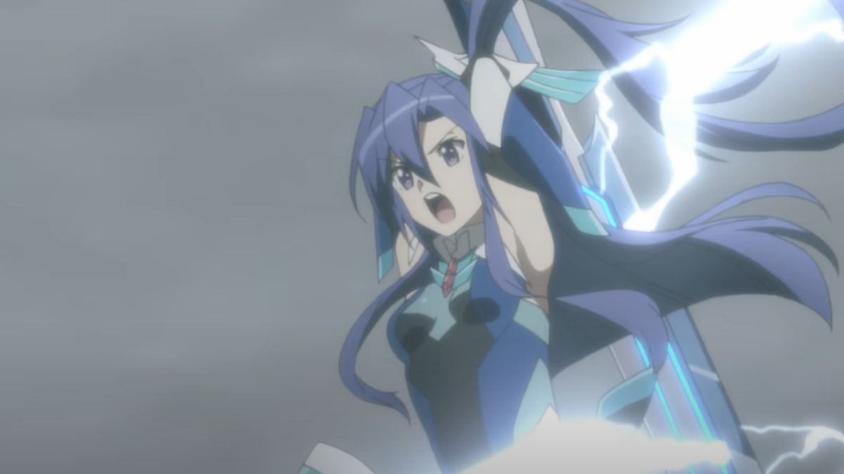 Screenshot einer Kampfszene im Anime Symphogear