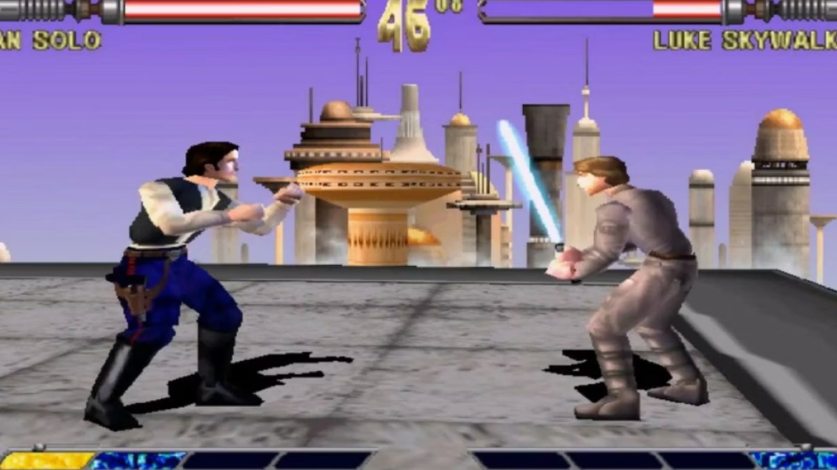 Luke Skywalker gegen Han Solo in einem zugeschnittenen Screenshot von Star Wars: Masters of Teras Kasi