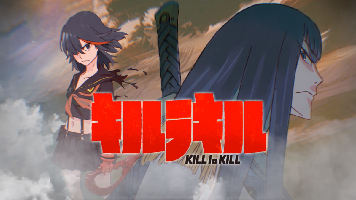 Bild der Titelkarte von Kill la Kill mit der Hauptfigur Ryuko, die den Antagonisten wütend anstarrt