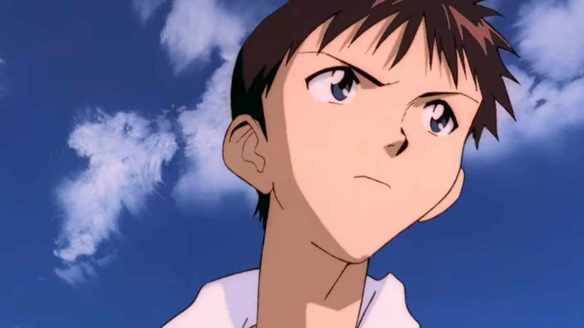 Bild von Shinji, der in Neon Genesis Evangelion entschlossen in die Ferne blickt