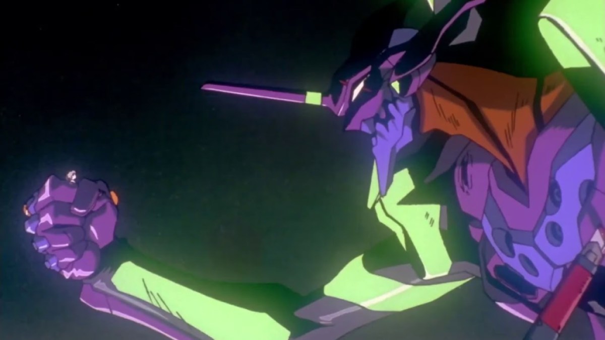 Shinji hält Kaworu fest, während er EVA 1 steuert