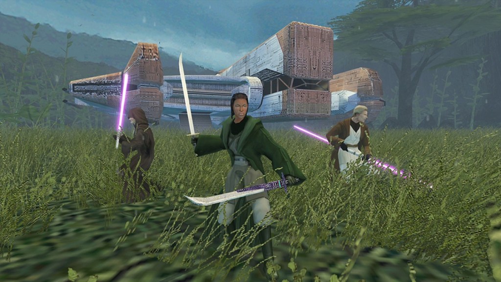 Die Spielfigur verwendet zwei Vibroklingen in einem Werbefoto aus Star Wars: Knights of the Old Republic II – Die Sith-Lords