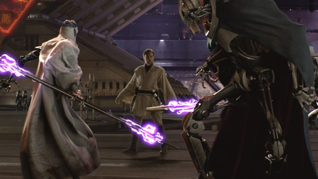 Obi-Wan Kenobi wird in Star Wars: Die Rache der Sith von General Grievous und seinen MagnaGuards konfrontiert