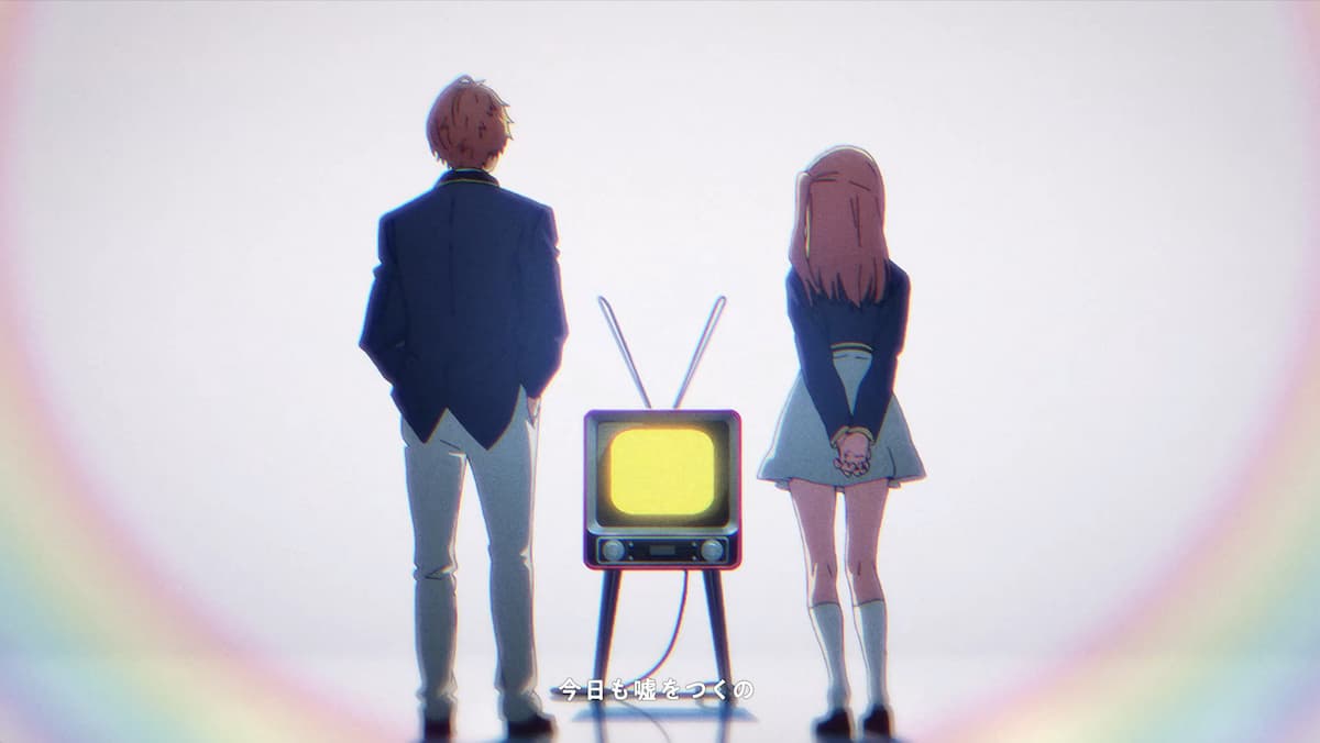ein Standbild von Aqua und Ruby, wie sie im Musikvideo „Oshi no Ko“ fernsehen