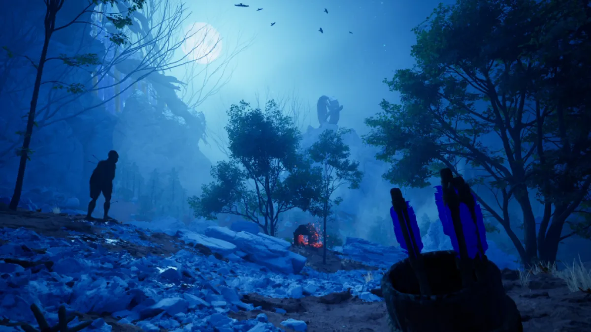 Bild einer dunklen Nacht in einem Wald, in der alles von einem blauen Farbton bedeckt ist. Das Mondlicht offenbart eine menschenähnliche, Bigfoot-ähnliche Kreatur, aus deren Rücken Pfeile ragen.