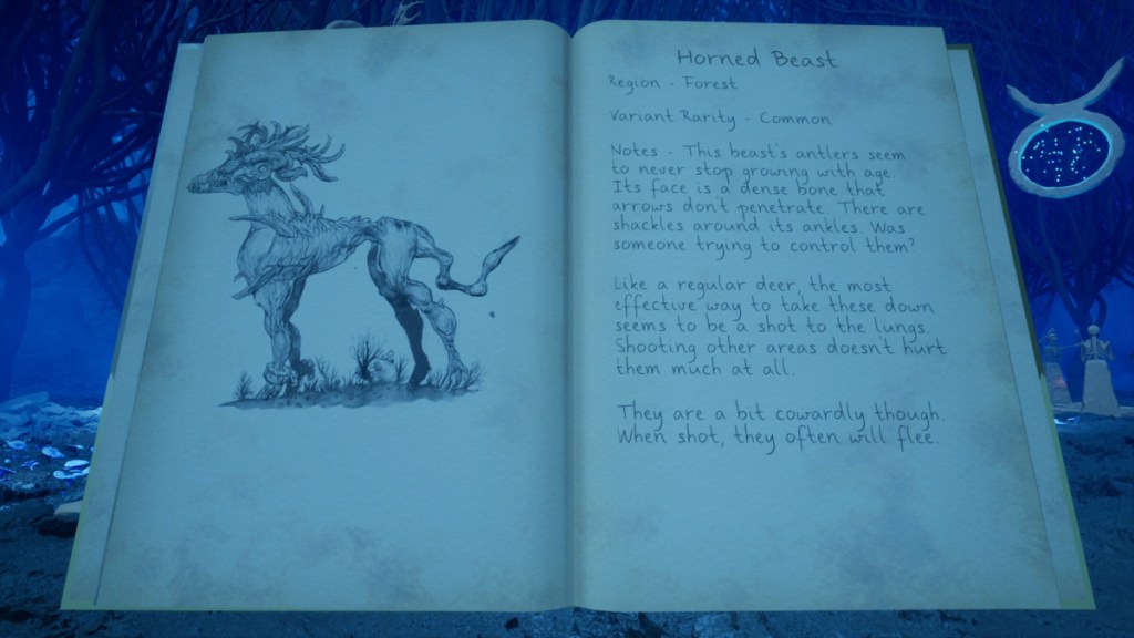 Bild eines Tagebuchs, aufgeschlagen auf der Seite eines gehörnten Tieres, das aussieht wie ein Hirsch aus Ästen, und einem Eintrag darüber auf der nächsten Seite