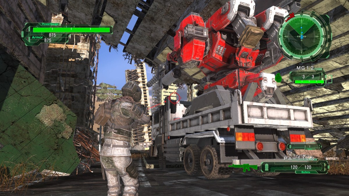 Ein Soldat der Earth Defense Force 6 zielt mit dem Visier auf einen Lastwagen, auf dessen Ladefläche sich ein massiver Geschützturm befindet. 