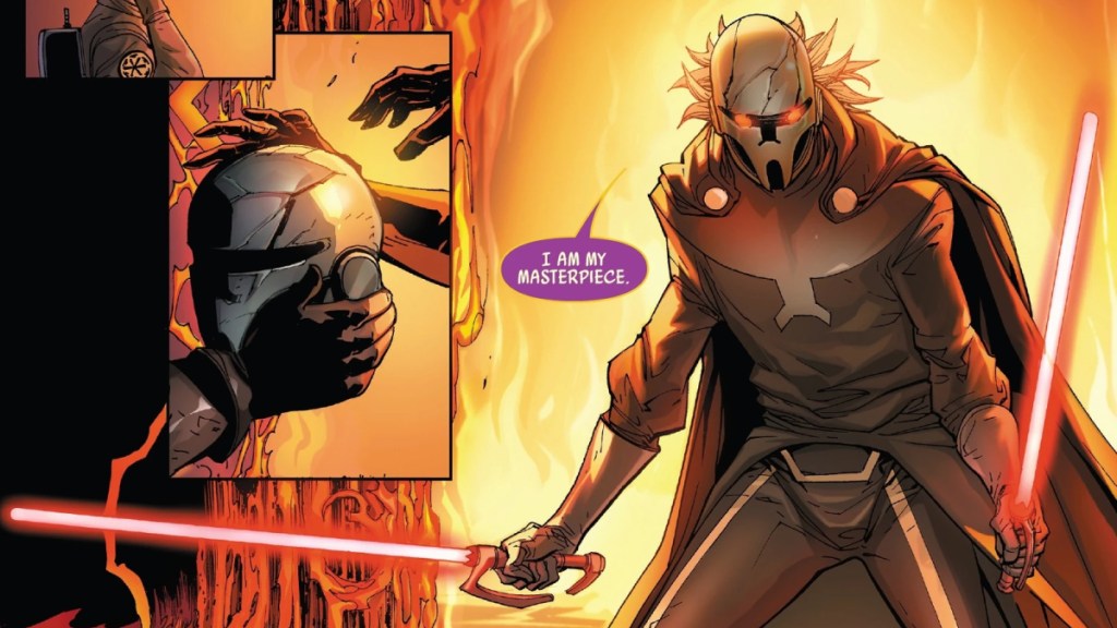 Darth Momin schwingt in der Comic-Kunst der Star Wars-Comics zwei rote Lichtschwerter