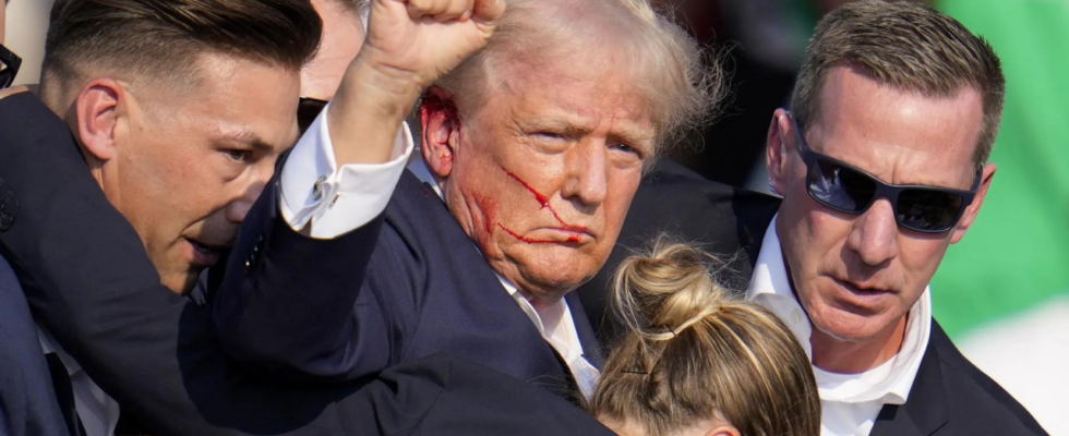 Foto des blutueberstroemten trotzigen Trump bekommt patriotische Bedeutung