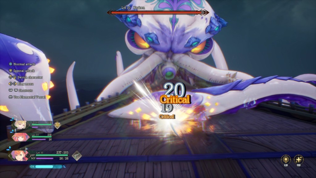 Bild eines riesigen Kraken, der die Spieler am Ende eines Bootes in Visions of Mana angreift