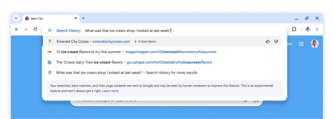 Verknüpfung für „Suchverlauf“ in der Chrome-Adressleiste mit der Eingabe „Was war das für ein Eisladen, in dem ich letzte Woche geschaut habe?“. Die Dropdown-Ergebnisse liefern die URL zur richtigen Website „Emerald City Cones“. 