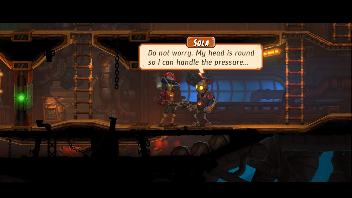 Bild von Captain Leeway im Bauch des U-Boots, wie er mit Creamate Sola in SteamWorld Heist II spricht.