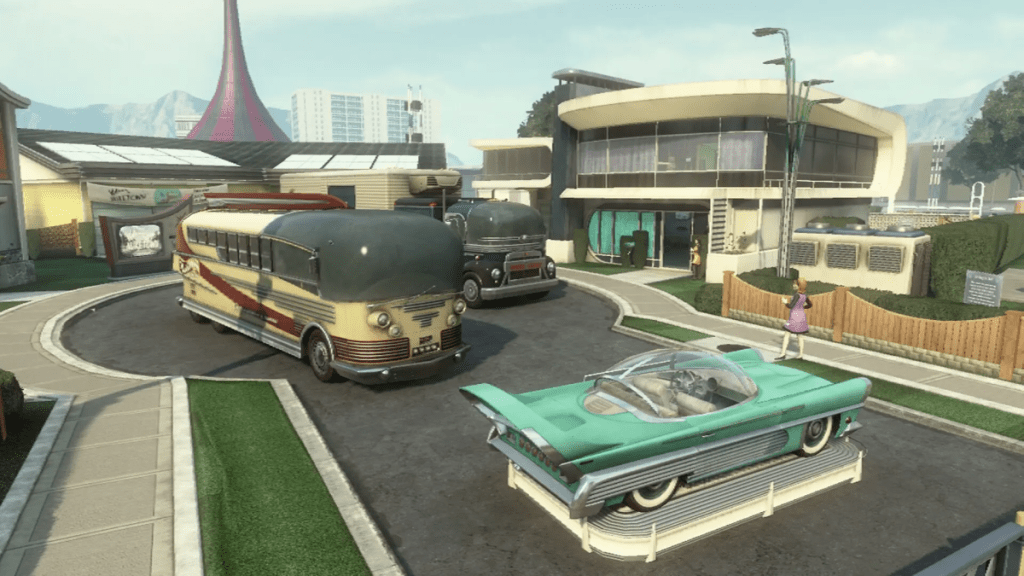 Nuketown 2025 in Call of Duty Black Ops 2 mit einer künstlichen Nachbarschaft mit kitschigen futuristischen Autos und Häusern