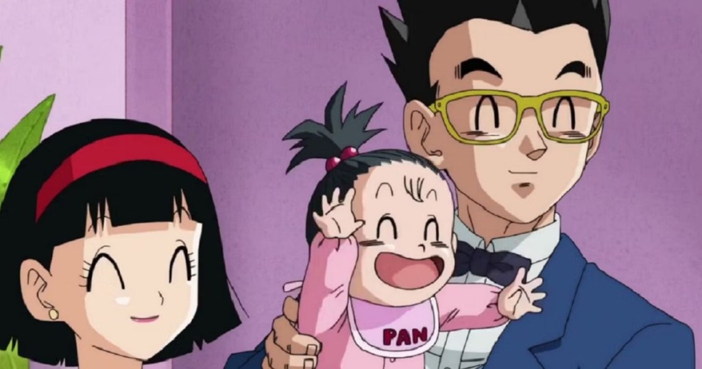 Ein lächelnder Pan wird von Gohan und Videl gehalten