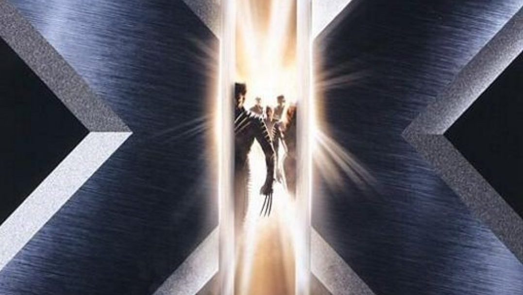 Das Filmplakat für X-Men, das die Besetzung hinter einem vertikal geteilten X zeigt