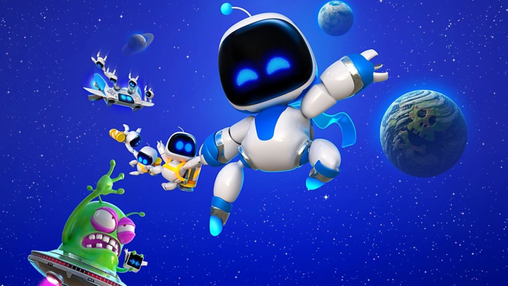 Astro Bot, ein weiß-blauer Roboter, umgeben von anderen Figuren.