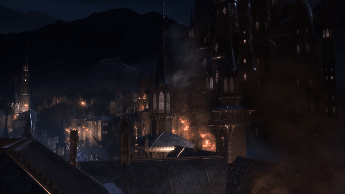 In Dragon Age: The Veilguard ist die Nacht über eine Stadt hereingebrochen, in der Ferne brennen Gebäude 