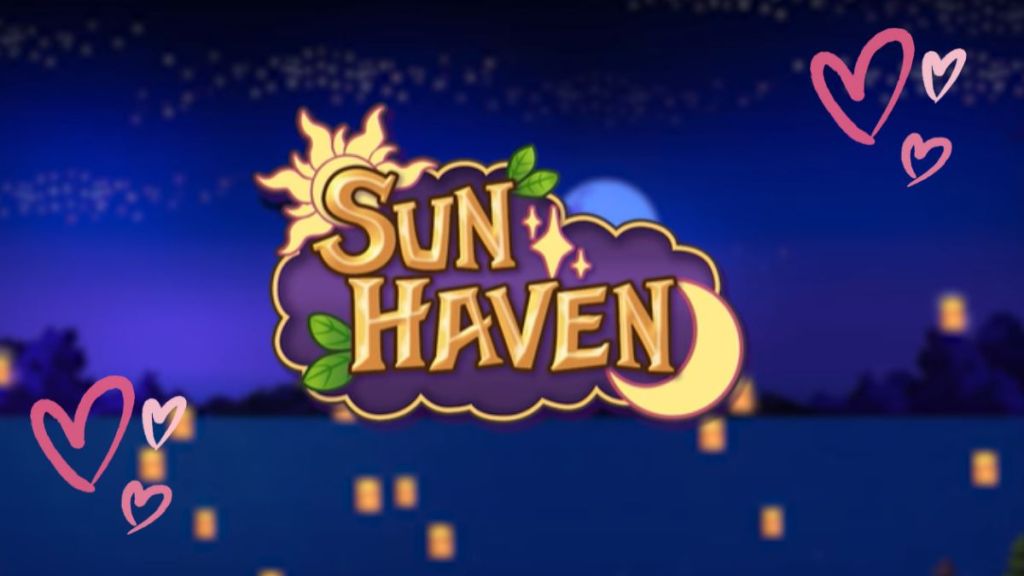 Das Sun Haven-Logo vor einem Nachthimmel im Hintergrund, mit Herzen auf beiden Seiten