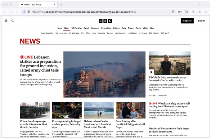 Ein Screenshot der BBC News-Website, die im Tor-Browser von ihrer .onion-Domain geladen wird, auf die nur mit Tor zugegriffen werden kann