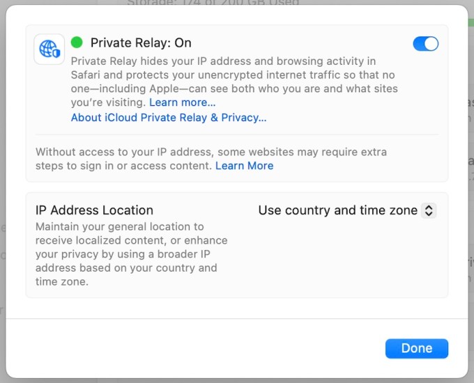 ein Screenshot, der das Einstellungsmenü für iCloud Private Relay zeigt, das teilweise lautet: "Private Relay verbirgt Ihre IP-Adresse und Ihre Browsing-Aktivitäten in Safari und schützt Ihren unverschlüsselten Internetverkehr, sodass niemand – auch nicht Apple – sehen kann, wer Sie sind und welche Websites Sie besuchen."