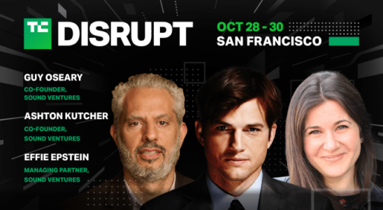 Ashton Kutcher Effie Epstein und Guy Oseary kommen zu Disrupt