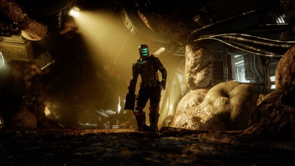 Dead Space-Protagonist Isaac Clarke steht als Silhouette vor eindrucksvollen gelben Dämmerungsstrahlen im Rahmen eines Artikels über die 10 besten gruseligen Spiele auf der PS5.