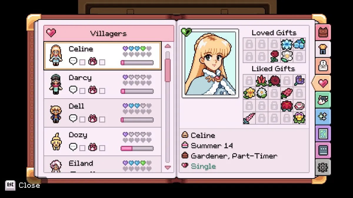 Screenshot von Celines Charakterprofil mit den gemochten/geliebten Geschenken und der Herzstufe in Fields of Mistria.