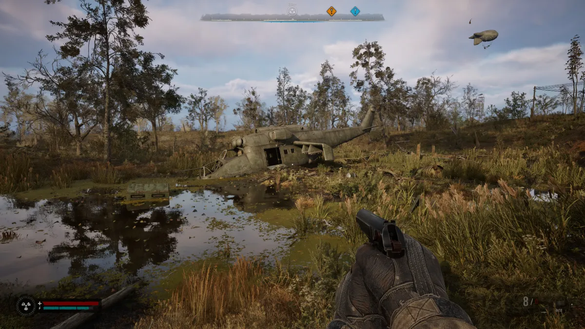 Ein Hubschrauber in der Nähe des Wassers in Stalker 2.