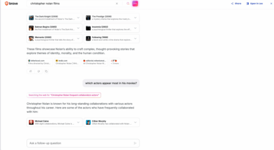 Brave Search fuegt nach Ihrer ersten Anfrage einen KI Chat fuer