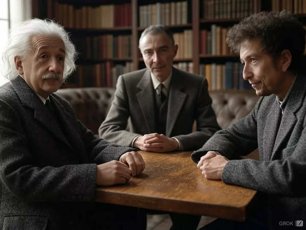 Albert Einstein, Robert Oppenheimer und Bob Dylan (KI-Bild generiert von Grok-2)