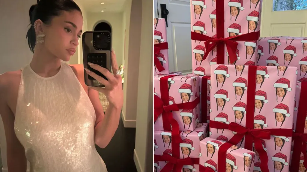 Links: Kylie Jenner trägt zu Weihnachten ein weißes, paillettenbesetztes Kleid. Rechts: In Papier verpackte Weihnachtsgeschenke mit Stormis Gesicht darauf.