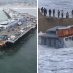 Der Santa Cruz Wharf stuerzt aufgrund starker Wellen ein drei