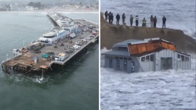 Der Santa Cruz Wharf stuerzt aufgrund starker Wellen ein drei