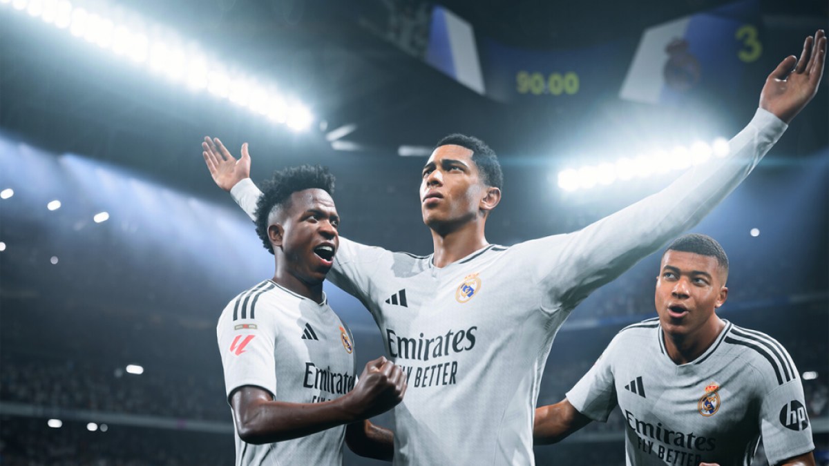 EA Sports FC 25, drei Spieler, einer mit erhobenen Armen.