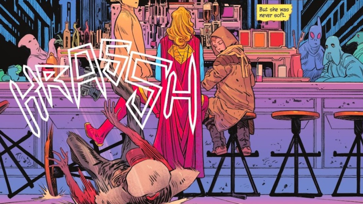 Ein Panel von Supergirl: Frau von morgen mit Kara und Ruthye in einer Bar, geschrieben von Tom King und illustriert von Bilquis Evely