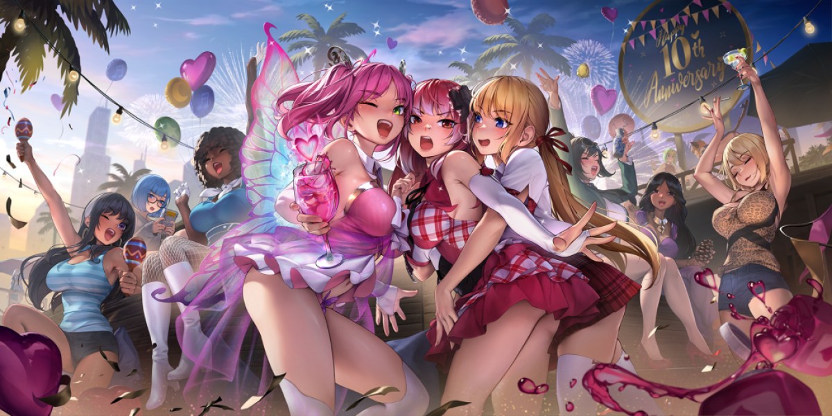 Die Besetzung von Huniepop in einem Feier des 10 -jährigen Jubiläums