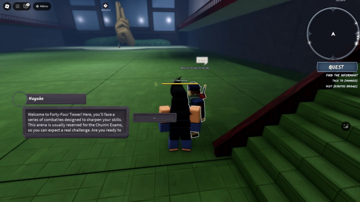 Ein Spieler neben der Hayake Chunin -Prüfung NPC in Ninja Time Roblox Experience