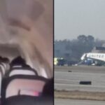 United Airlines United Airlines Flugzeug faengt Feuer auf den Landebahn