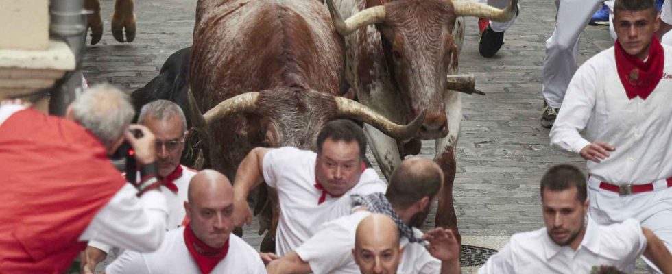 Images de la premiere course de taureaux dans les festivites