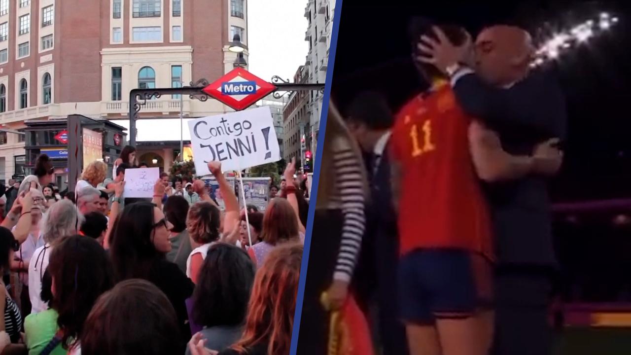 Beeld uit video: Spanjaarden eisen ontslag bondsvoorzitter na omstreden kus