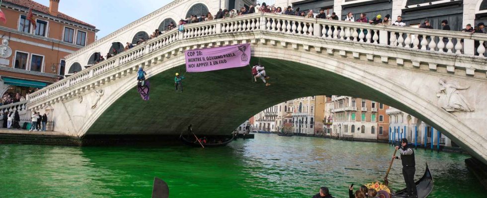 Un groupe environnemental teint les canaux de Venise en vert