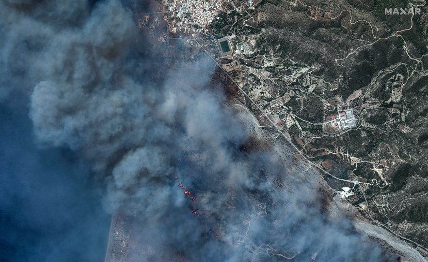 Satellite image released on July 24, 2023 by Maxar Technologies of a forest fire near Gennadi, on the island of Rhodes, Greece