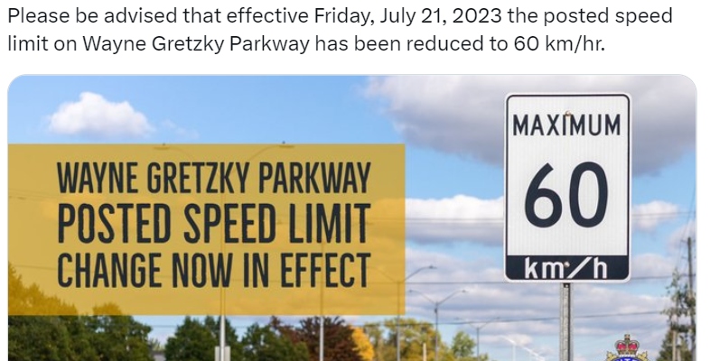 Reduction in speed limit on Wayne Gretzky Parkway approved in