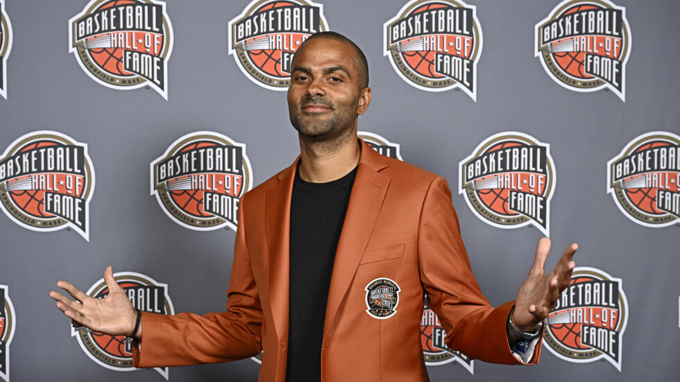 French basketball player Tony Parker wearing the famous orange jacket and Hall of Fame ring, August 11, 2023.