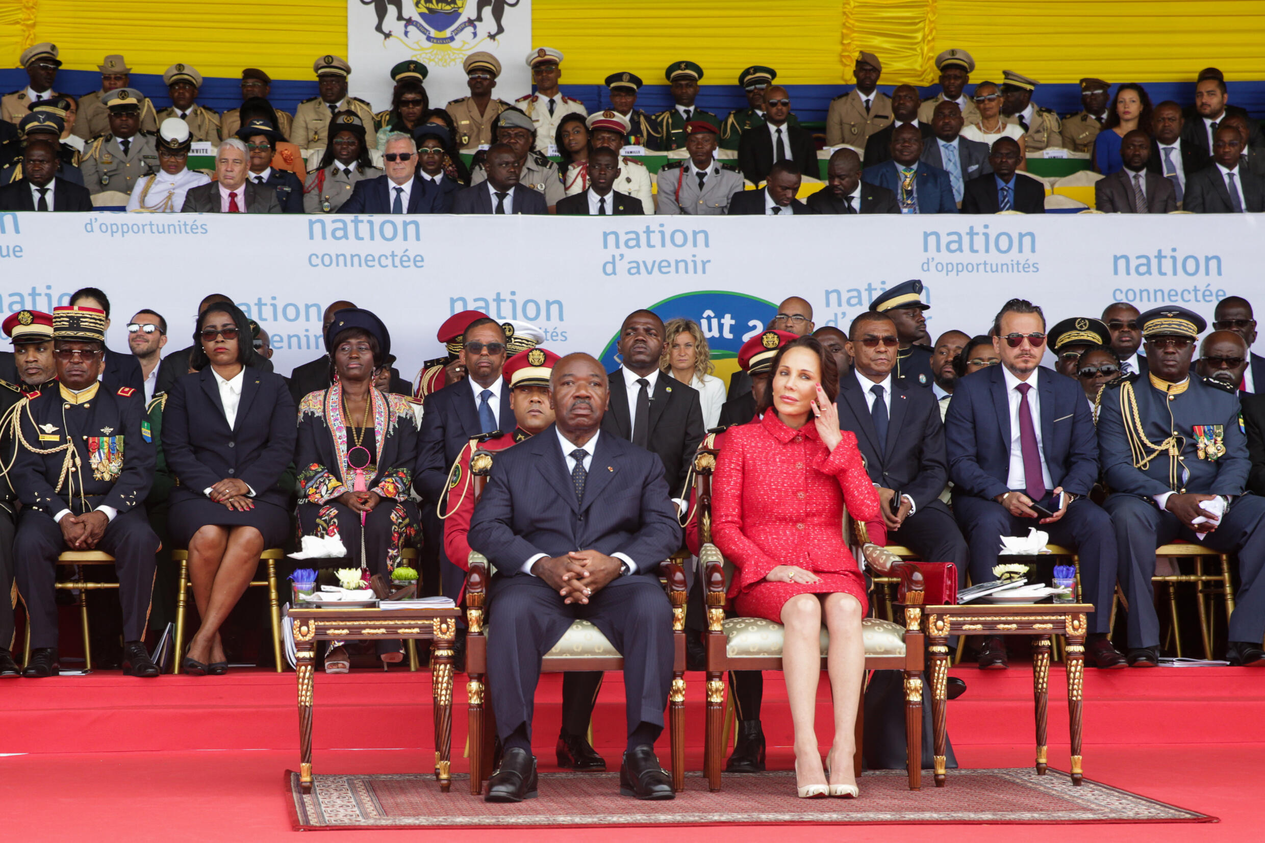 Gabonese President Ali Bongo and his wife Sylvia Bongo during a parade to commemorate the country's independence, in Libreville, August 17, 2019.