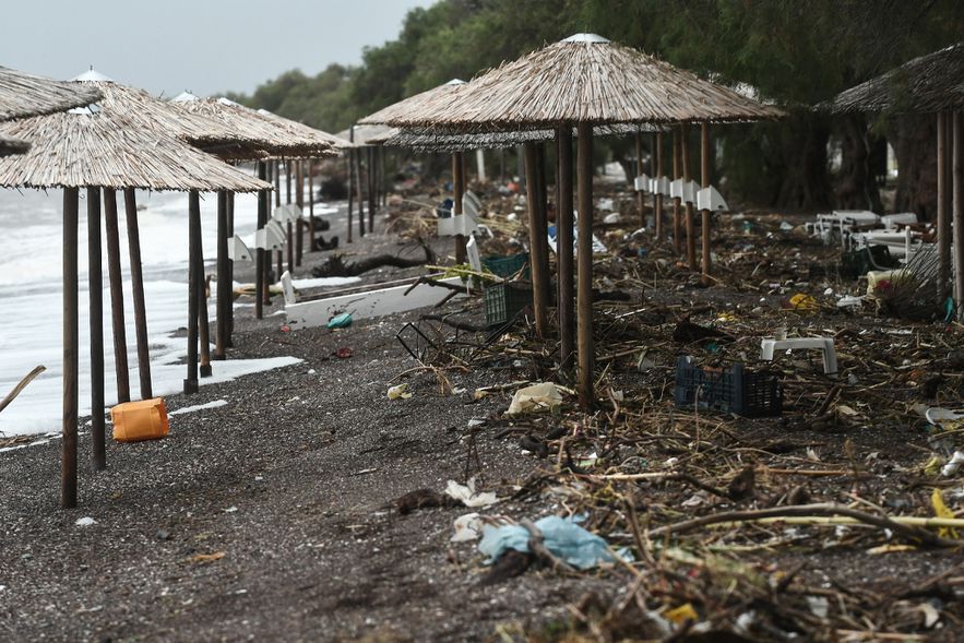 A beach overrun with debris and litter after heavy rains in Nea Agxialos, near Volos, central Greece, September 7, 2023