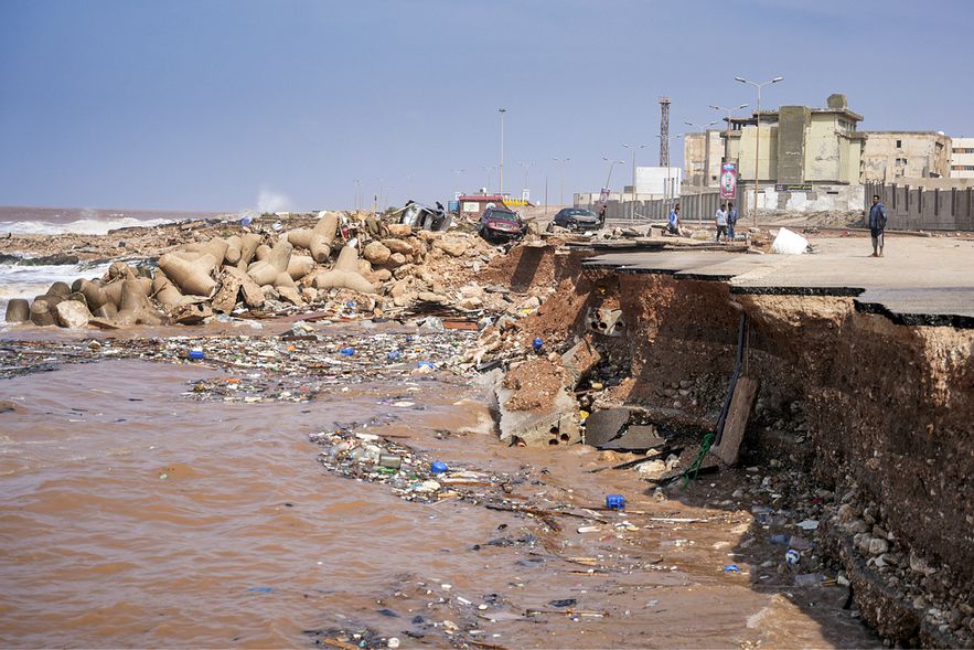 Photo provided by the office of Libya's interim prime minister, based in Benghazi, on September 11, 2023, of a collapsed road after torrential rains in Derna, in the east of the country